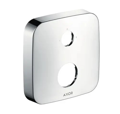 Polierte, rechteckige Rosette mit zwei Öffnungen für eine Montage. Produkt von Hansgrohe, geeignet für verschiedene Installationen im Badezimmer.